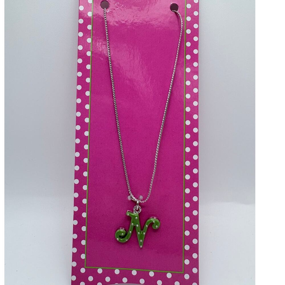 “N” Initial Lime Green Polka Dot Pendant on Silver-Tone Chain